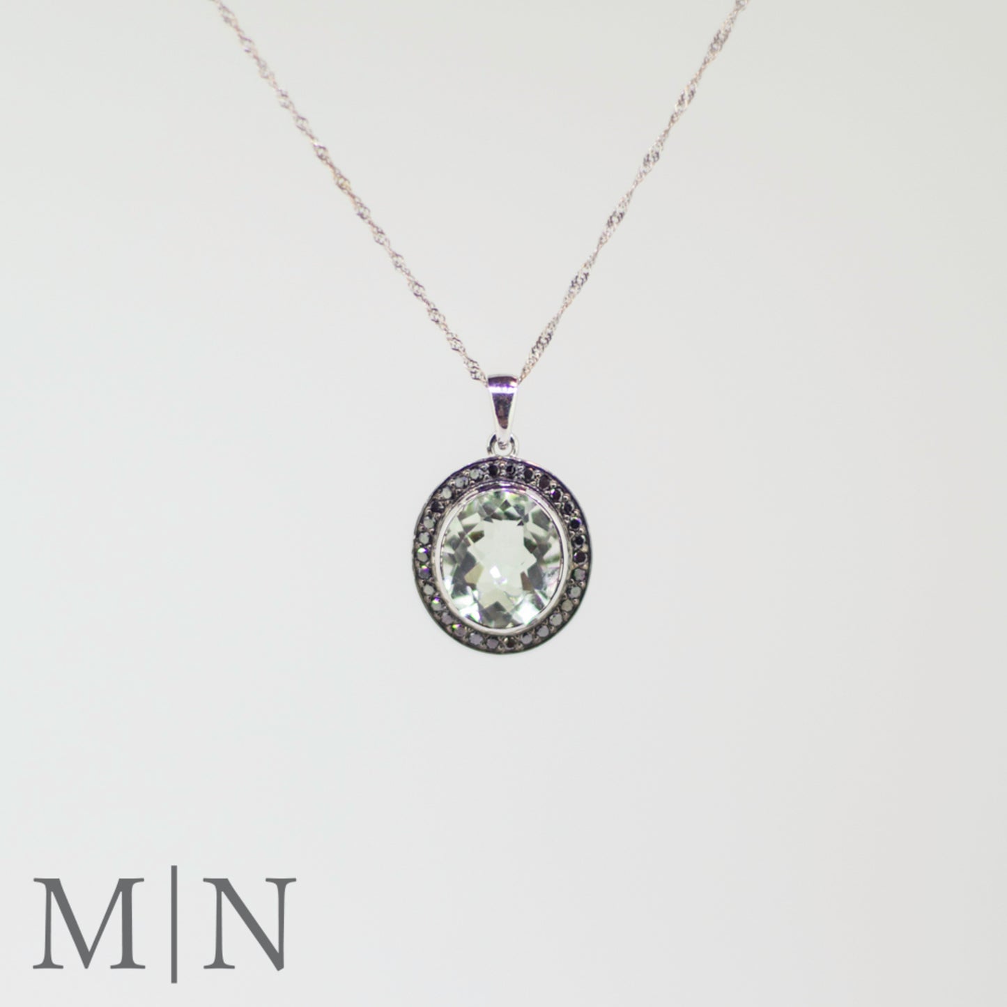 White Gold Green Amethyst & Black Diamond Pendant