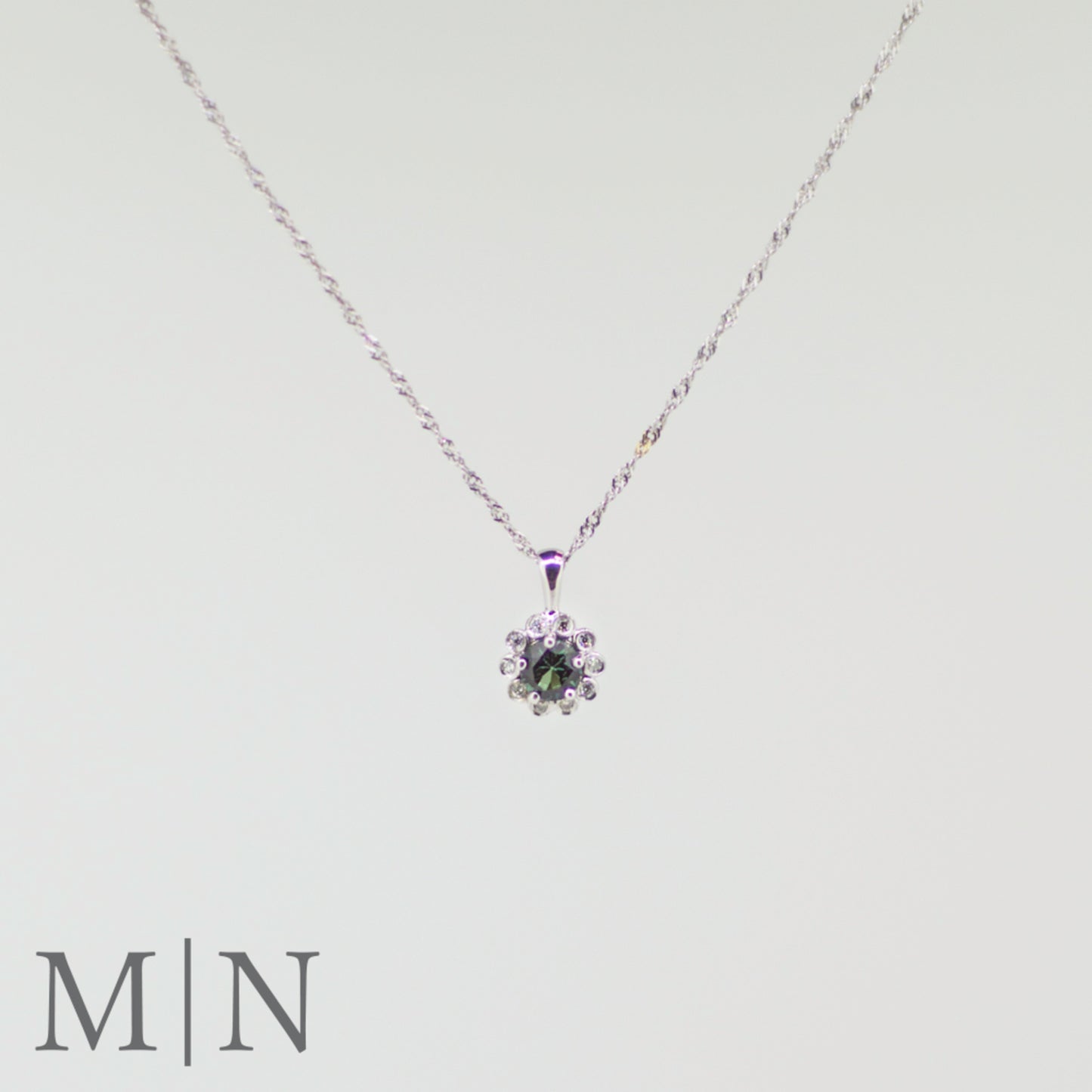 White Gold Green Tourmaline & Diamond Halo Pendant