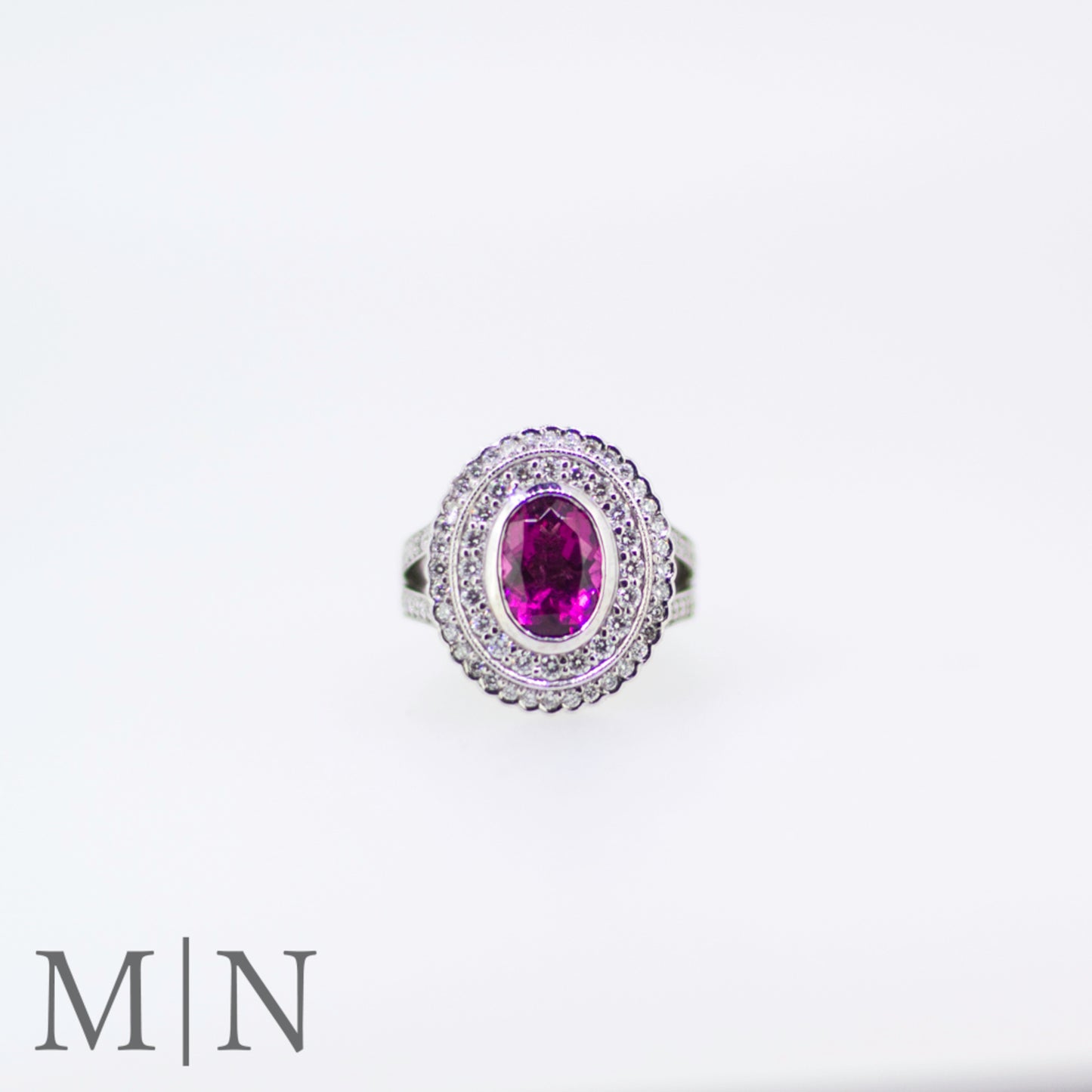 White Gold Rubelite & Diamond Double Halo Dress Ring