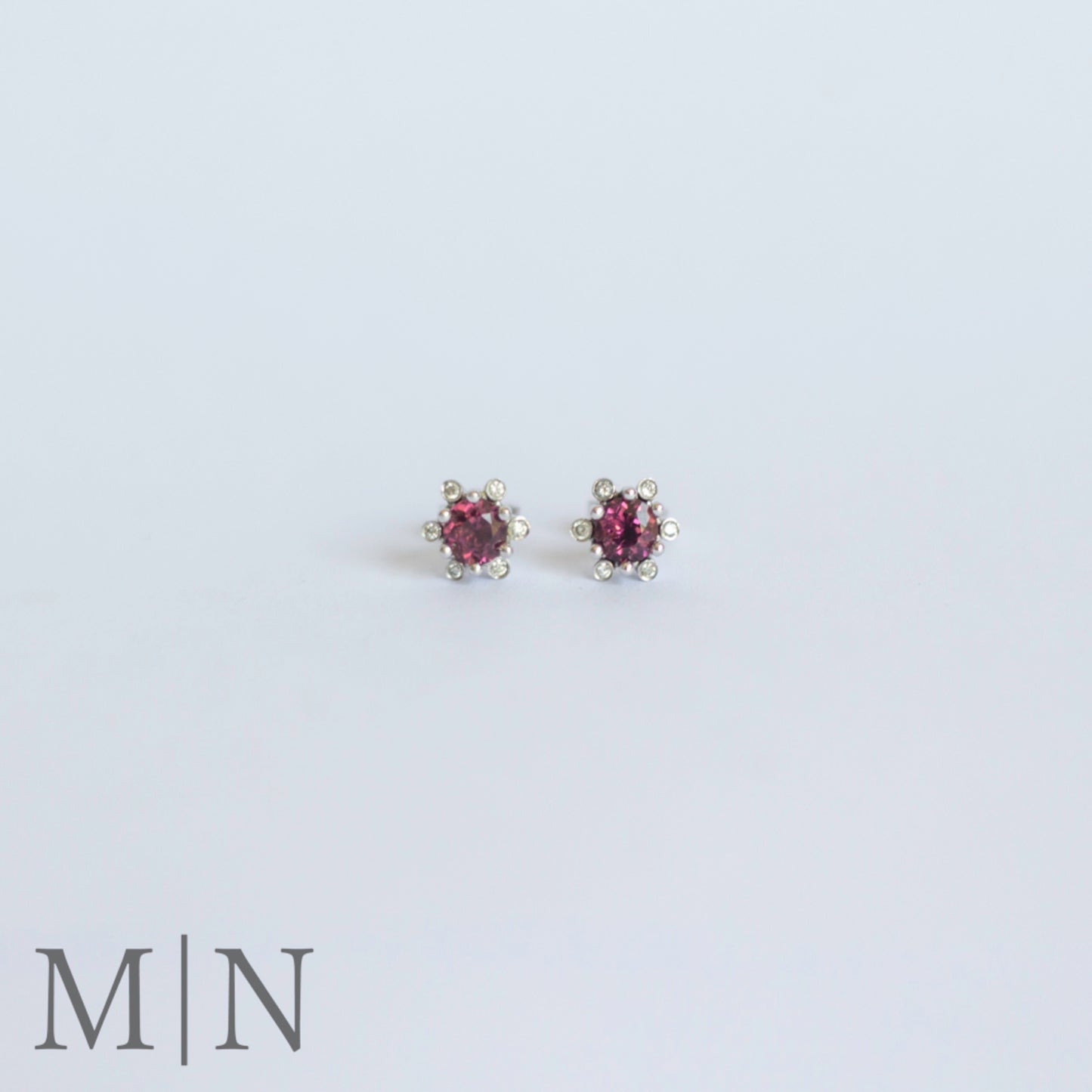 White Gold Pink Tourmaline & Diamond Flower Stud Earrings