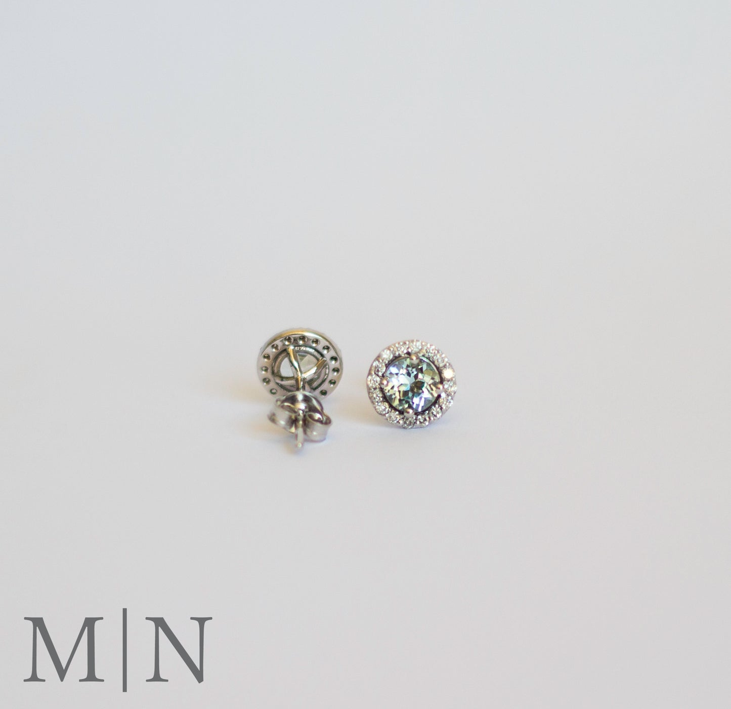 White Gold Aquamarine & Diamond Halo Stud Earrings