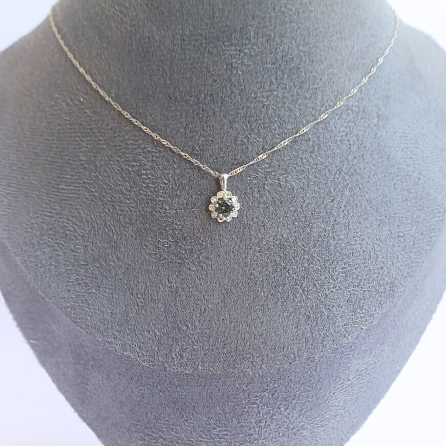 White Gold Green Tourmaline & Diamond Halo Pendant