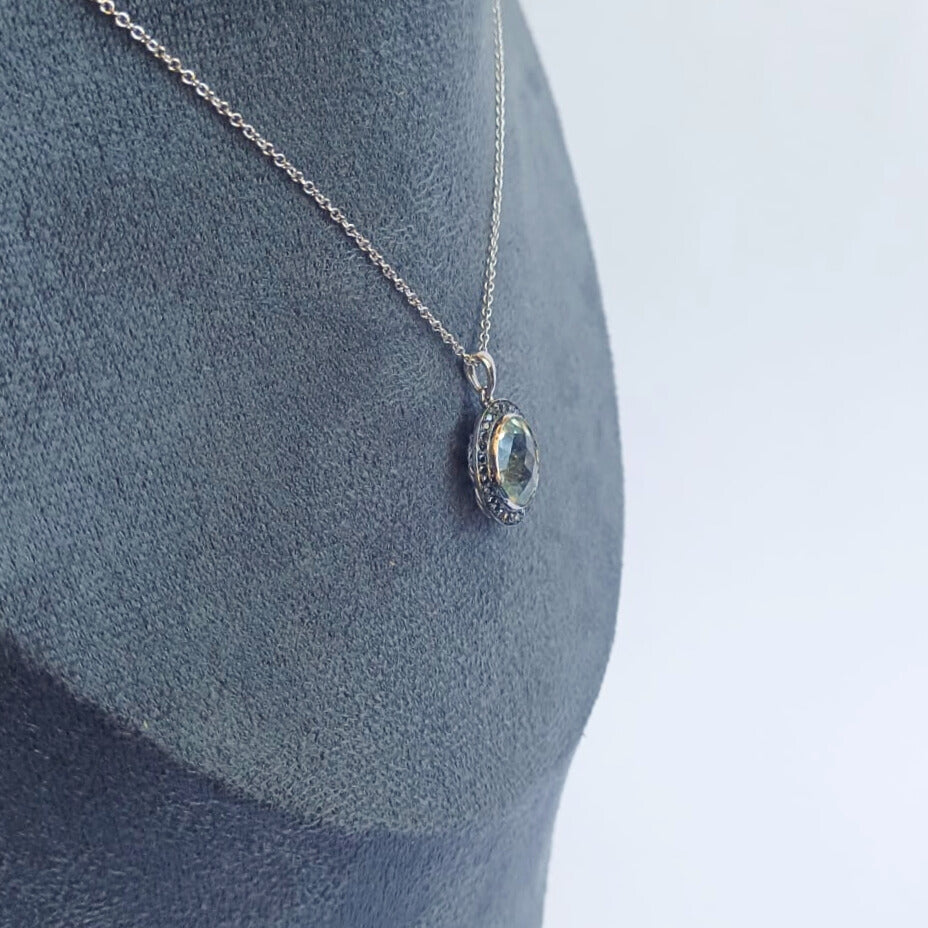 White Gold Green Amethyst & Black Diamond Pendant