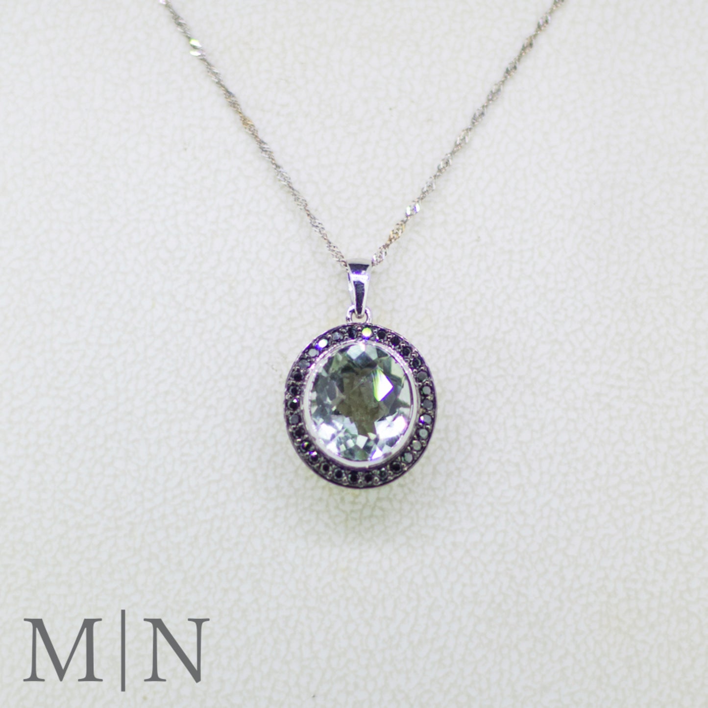 White Gold Green Amethyst and Black Diamond Necklace