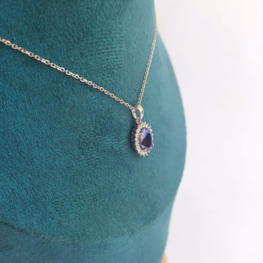 White Gold Tanzanite & Diamond Halo Pendant